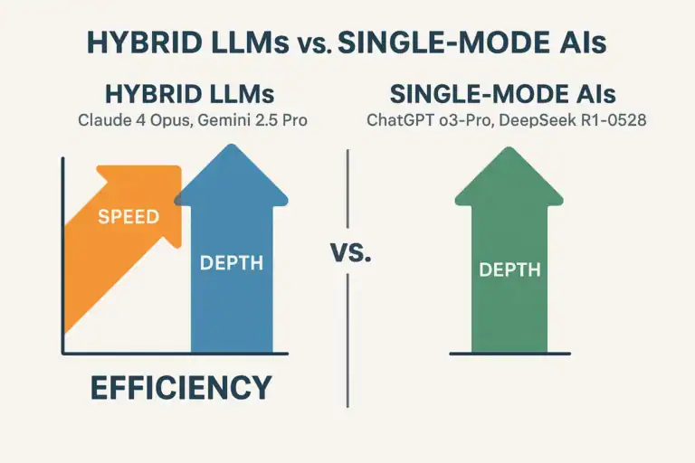 ChatGPT alternatives: Hybrid LLMs vs. Single-Mode AIs comparison chart. Speed & Depth.